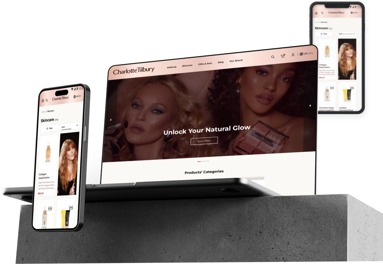 Charlotte Tilbury redesign — hero MacBook and iPhone mockups