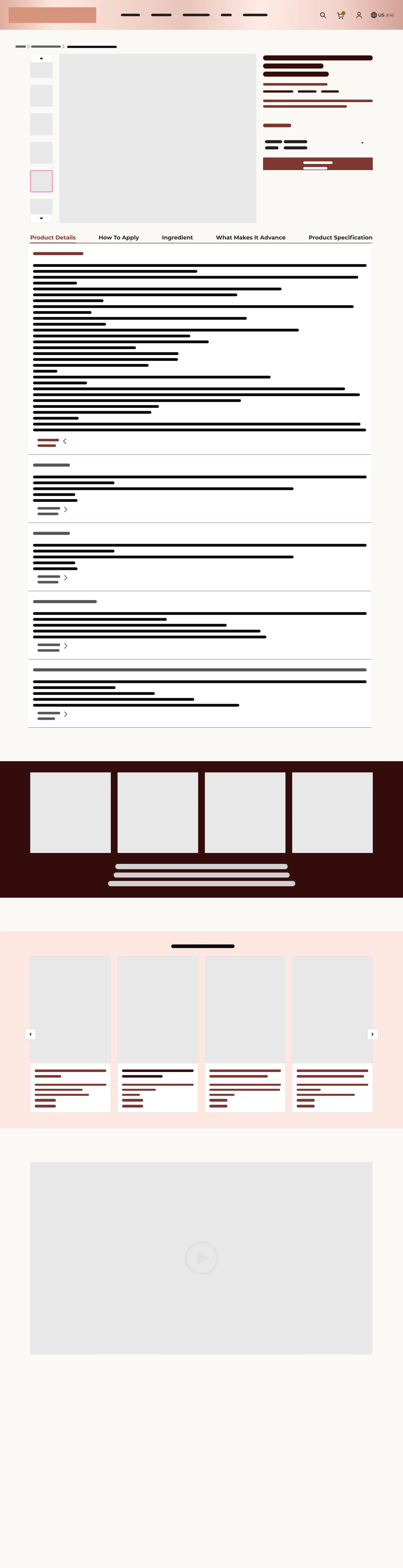 Mid-fidelity wireframe — product detail page with image gallery, specification tabs, and related products