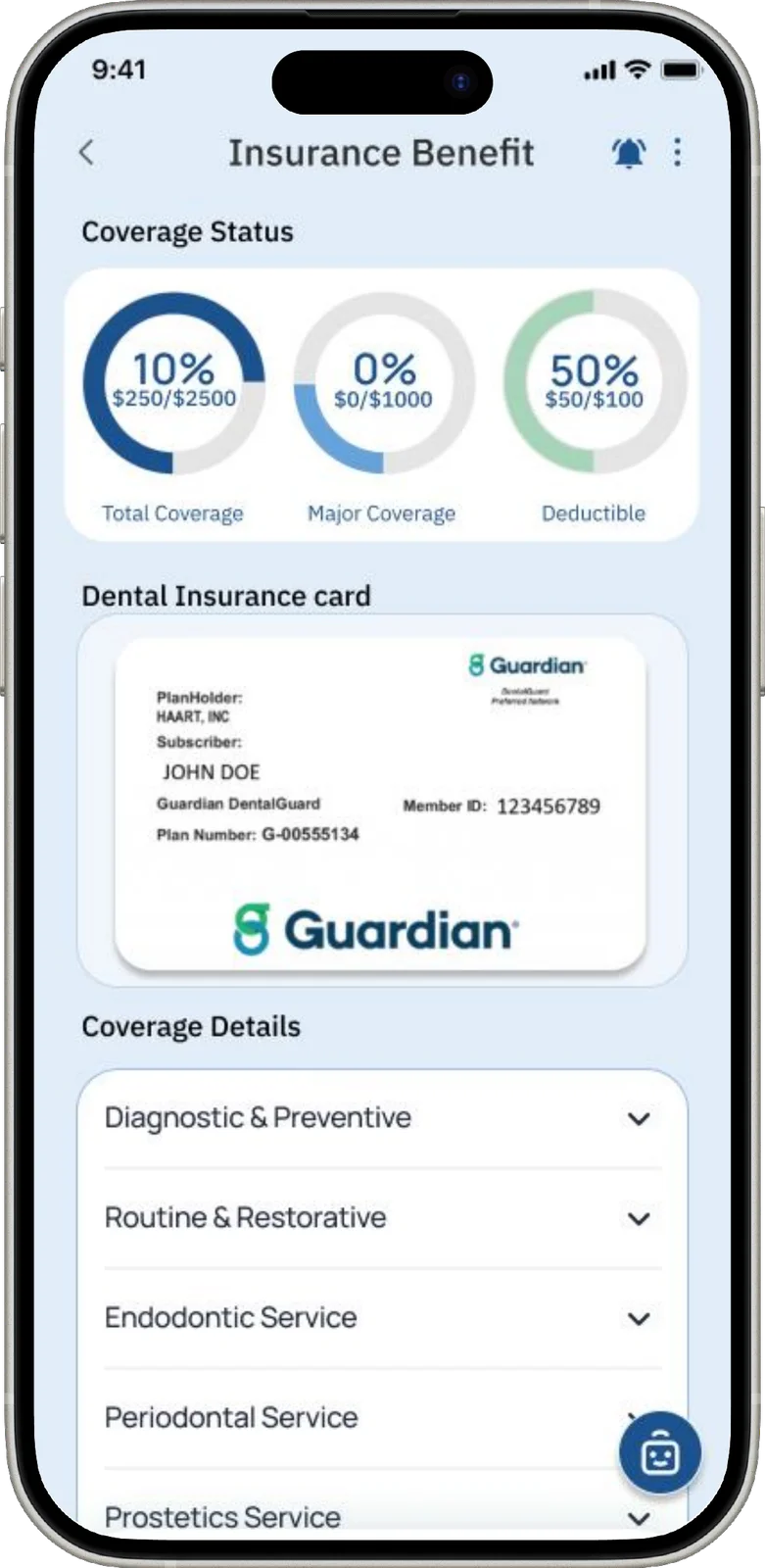 Coverage overview screen — plan benefits explained in plain language with coverage rings and the insurance card
