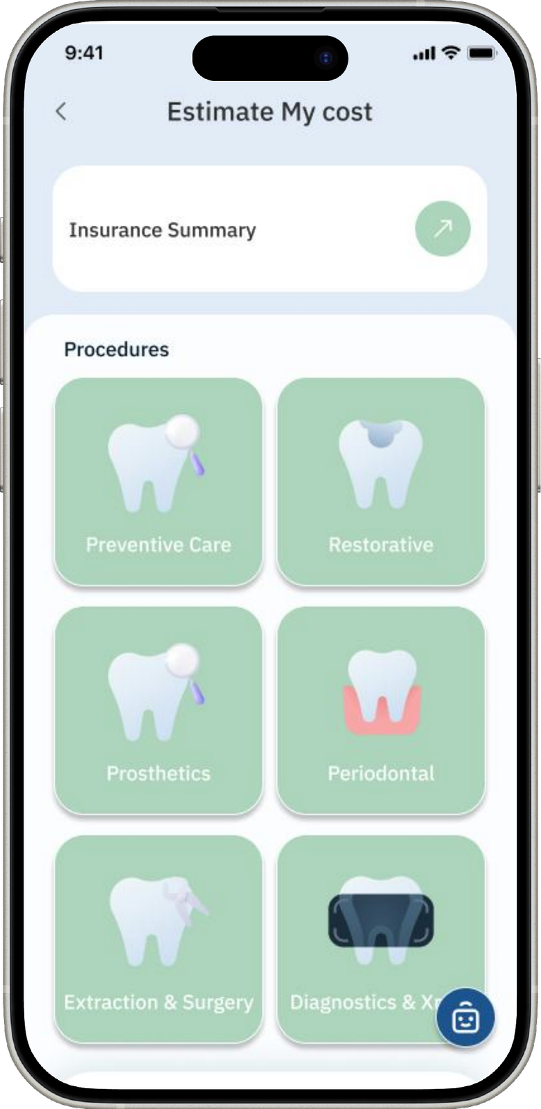 Cost estimator screen — procedure categories with insurance summary and out-of-pocket estimate