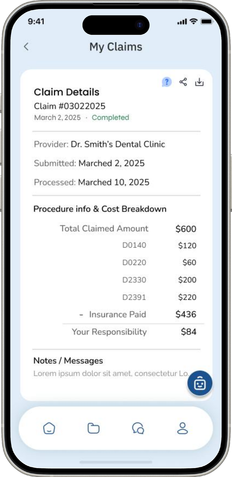 Claims screen — every claim itemized by procedure code, with the insurance-paid share made explicit