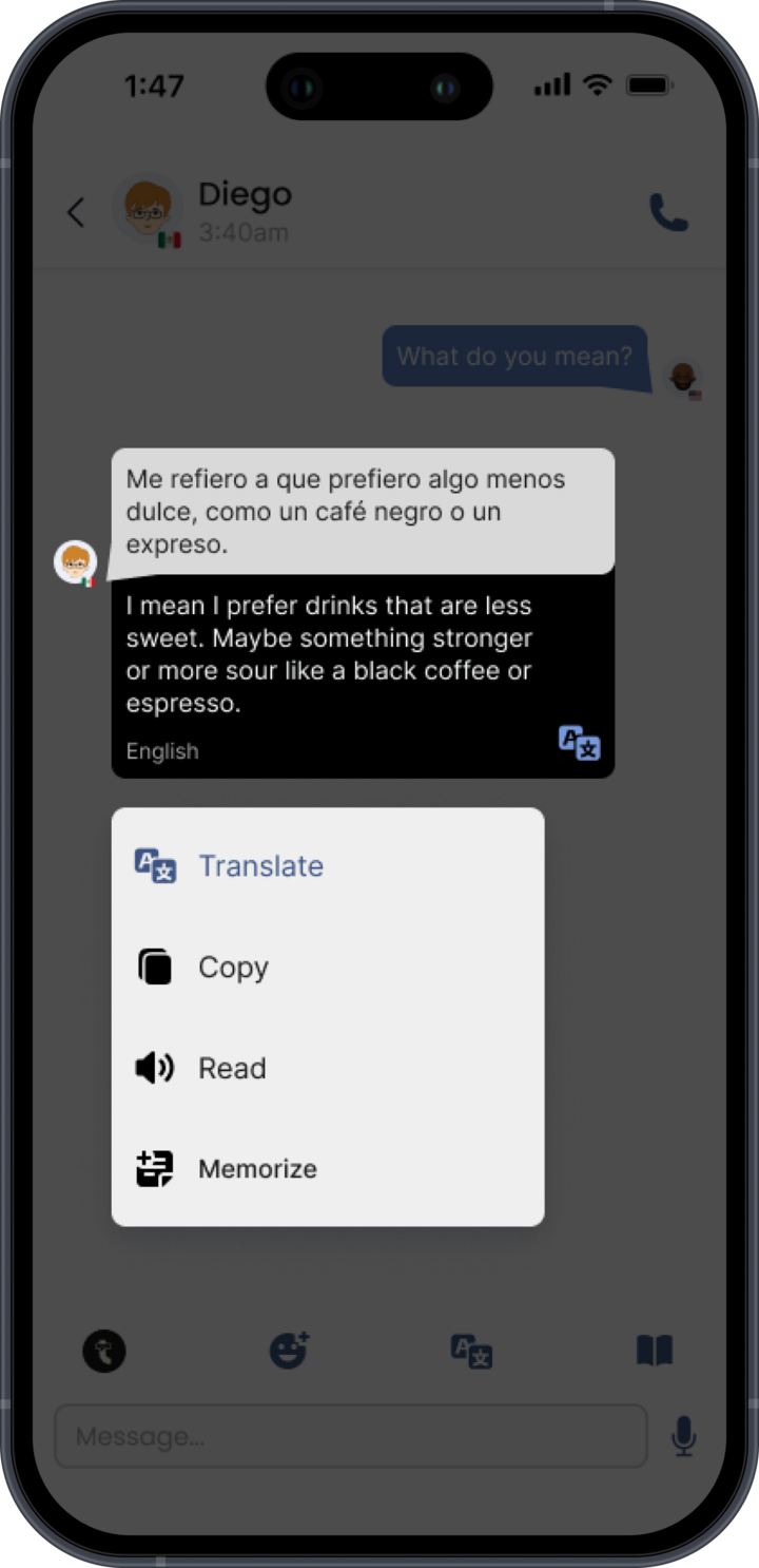Tallo in-chat translation menu