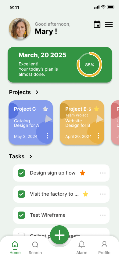 TTASK dashboard — greeting, progress ring, color-coded project cards and today's task list