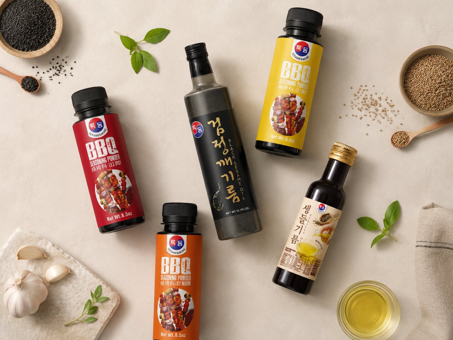 Visual Brand — hero packaging photography: the oils and sauces family in flat-lay
