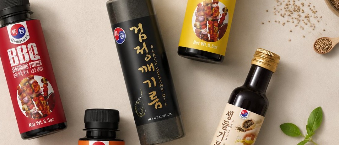 Label detail — calligraphic black sesame oil mark beside the BBQ color-coded labels